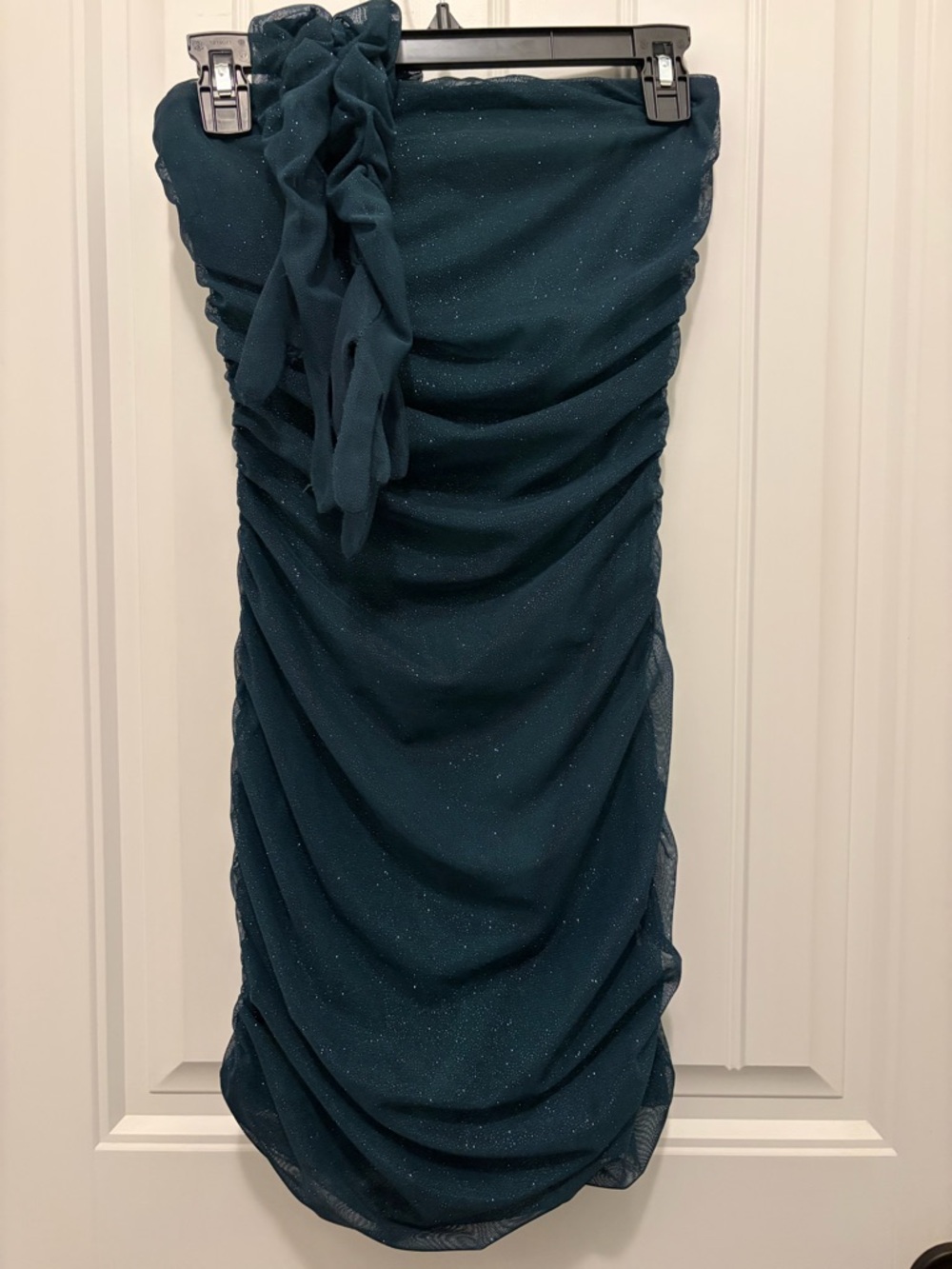 Windsor Teal Ruched Strapless Hoco Dress with Sparkle Gloves